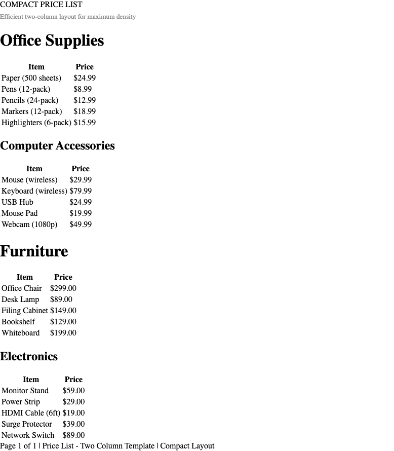 Two Column price list Template